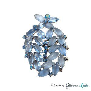 VTG Blue Navette & Aurora Borealis Rhinestones Silver Tone Mid Century Brooch
